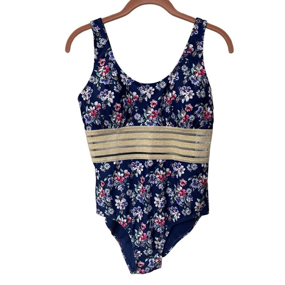 NICOLE MILLER Navy Blue Floral Bathing Suit Swimsuit Mesh One Piece Size Medium